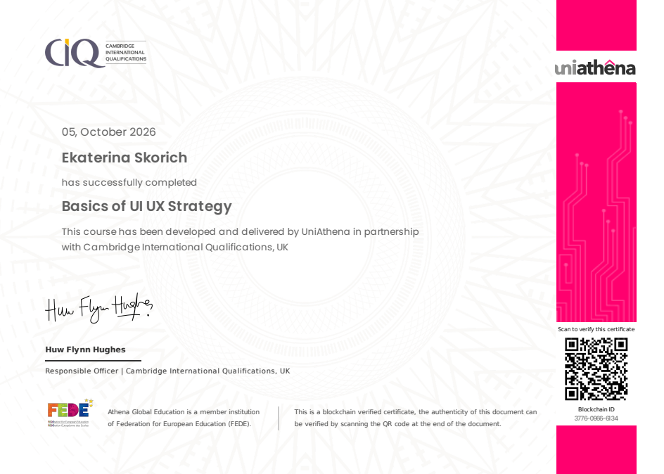 Сертификат UniAthena и Cambridge International Qualifications: Basics of UI UX Strategy, 5 октября 2026 года